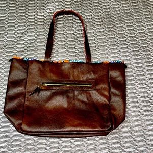 Handmade reversible leather and fabric tote by Kat Soto